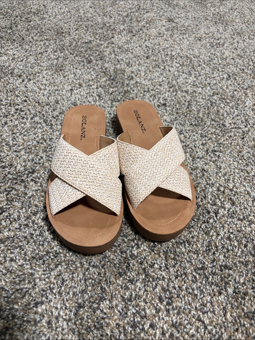 Solanz Women's Cream Crossband Slide Sandal with Woven Upper